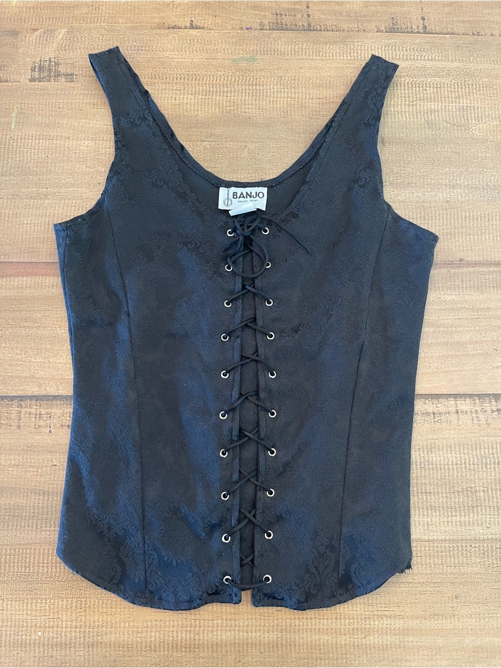 Banjo Vintage  Black Lace-Up Corset Tank Top with zipper back